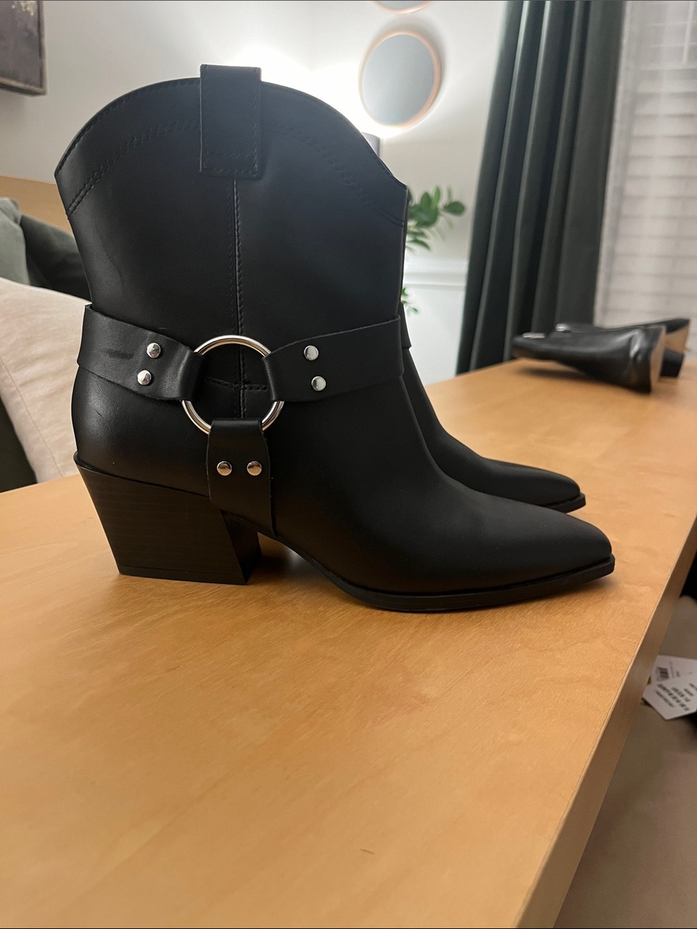 Black Western Harness Ankle Boot with Ring Detail